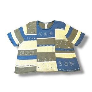 Vintage 90s Koret Sweater color Block Knit Floral Embroidery Cottage core  SZ XL